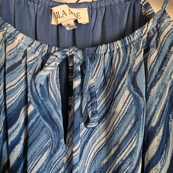 Mila Mae Blue Patterned Cold Shoulder Women's Midi Dress Size Small - Picture 6 of 8